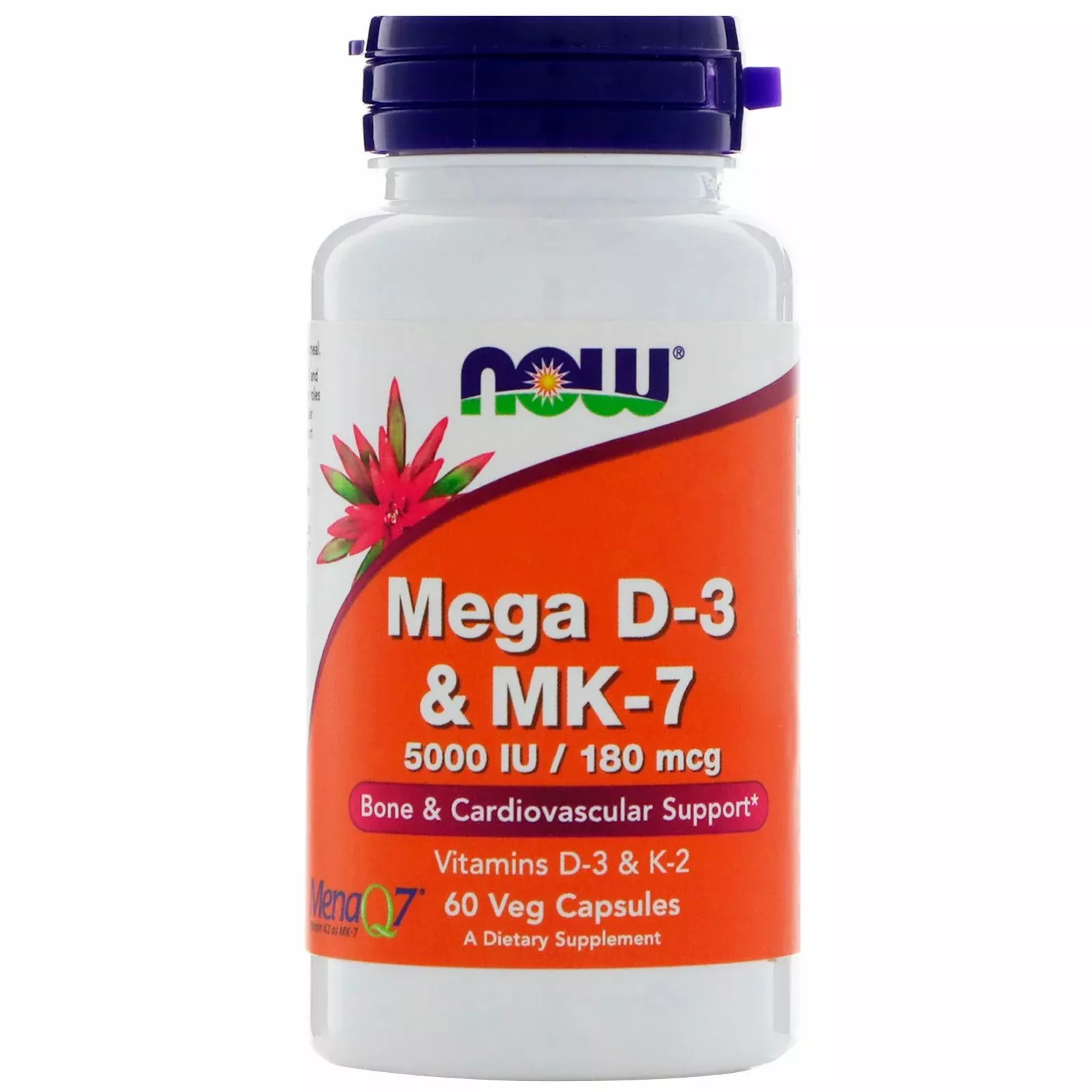 Now Foods Mega Vitamin D3 + K2 (MK-7), 5000 IU / 180 mcg, 60 veg kapslí