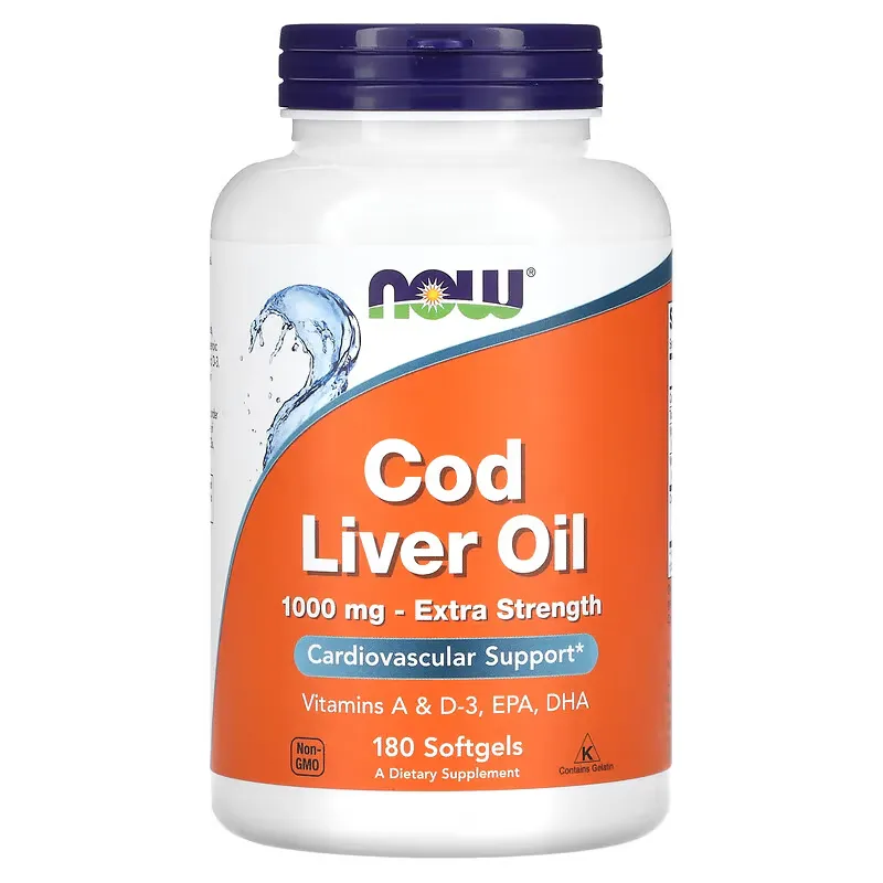Now Foods NOW Cod Liver Oil (olej z tresčích jater), Extra Strength, 1,000 mg, 180 softgel kapslí