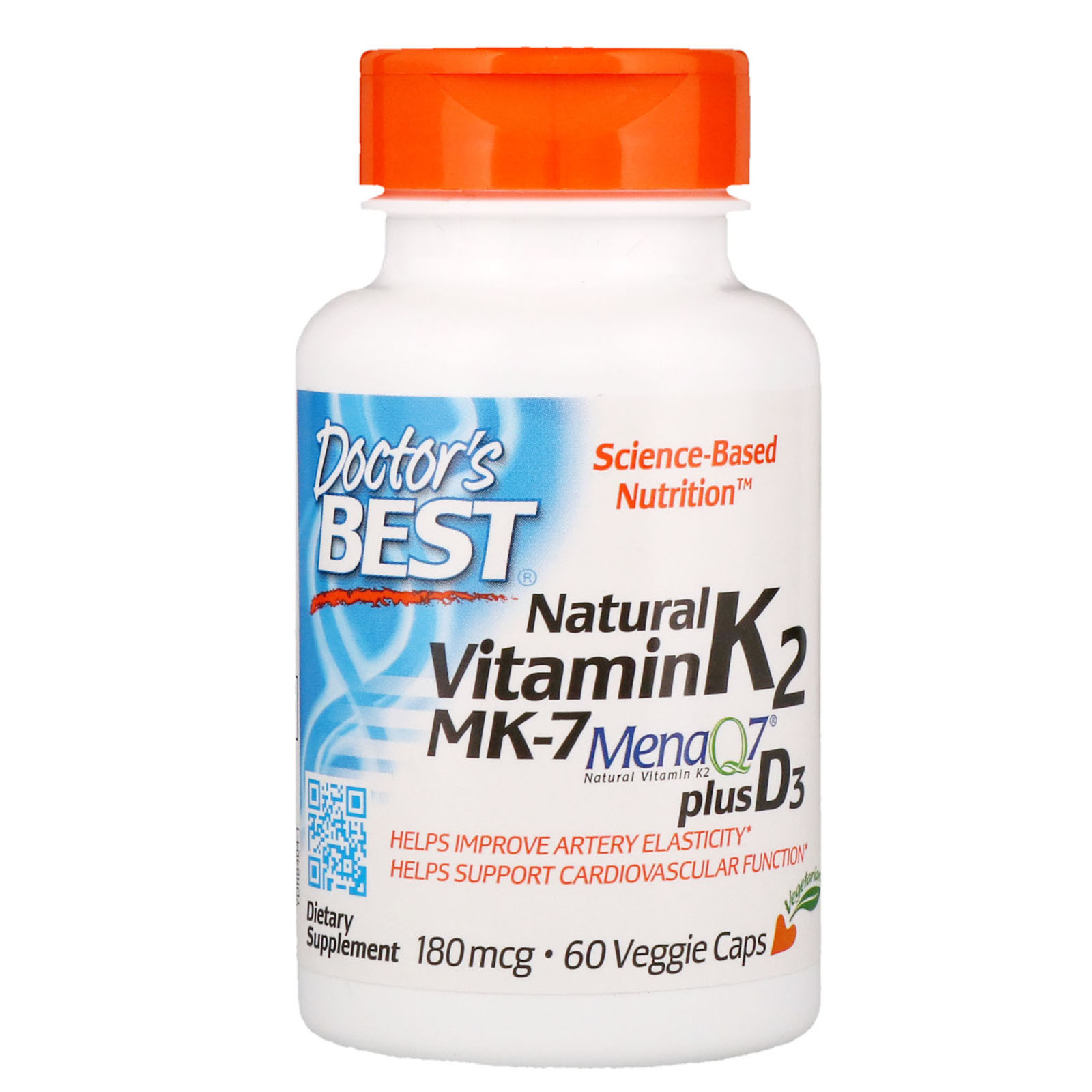 Doctor's Best Vitamin K2 MK7 (MenaQ7), plus vitamin D3, 180 mcg, 60 rostlinných kapslí