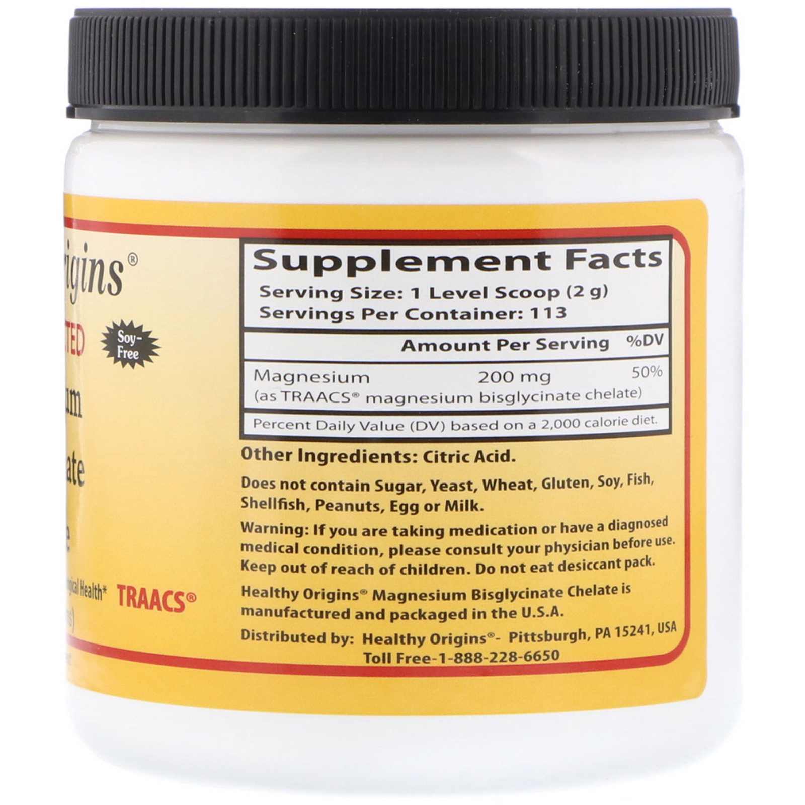 Healthy Origins Magnesium Bisglycinate TRAACS, 227 g, čistý prášek