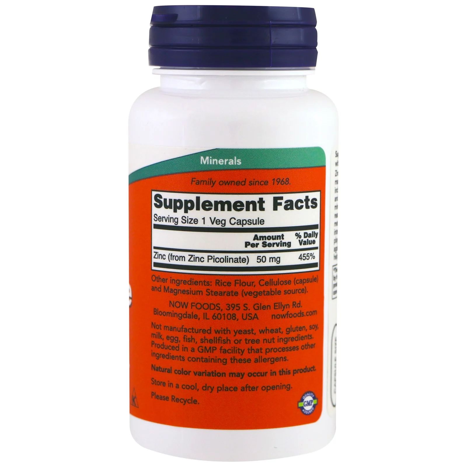 Now Foods Zinc Picolinate (zinek pikolinát) 50 mg, 60 rostlinných kapslí