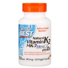 Doctor’s Best, Vitamin K2 MK-7 (MenaQ7), plus vitamin D3, 180 mcg, 60 rostlinných kapslí