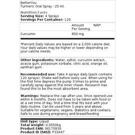 BetterYou, Kurkuma, ústní sprej, 25 ml, složení