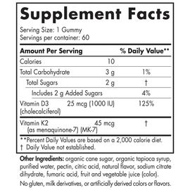 Nordic Naturals, Vitamin D3 + K2 Gummies, příchuť Granátové jablko, 60 gumových bonbonů, složení