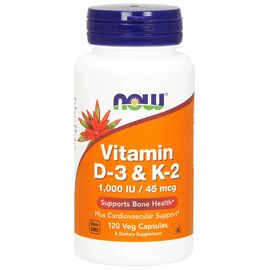 Now Foods, Vitamin D3 a K2, 1 000 IU / 45 mcg, 120 rostlinných kapslí