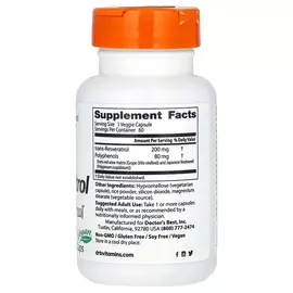 Doctor's Best, Trans-Resveratrol 200 s Resvinolem, 60 vegetariánských kapslí, složení