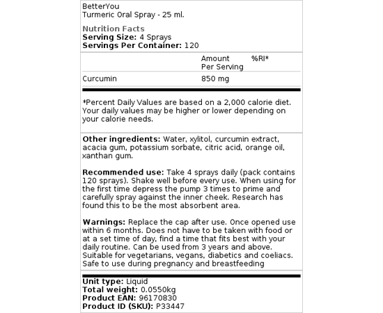 BetterYou, Kurkuma, ústní sprej, 25 ml, složení