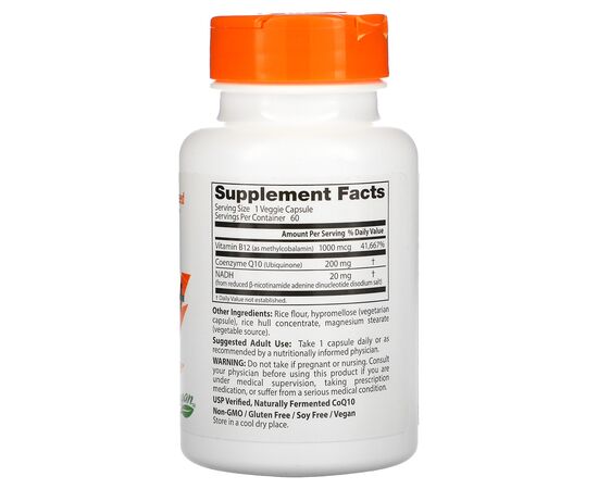 Doctor's Best, Energy +, CoQ10, NADH & B12, 60 rostlinných kapslí, složení
