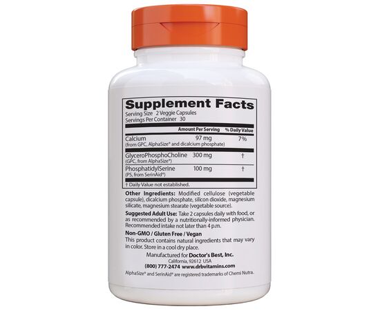 Doctor’s Best, Natural Brain Enhancers with AlphaSize and SerinAid, 60 veg kapslí, složení