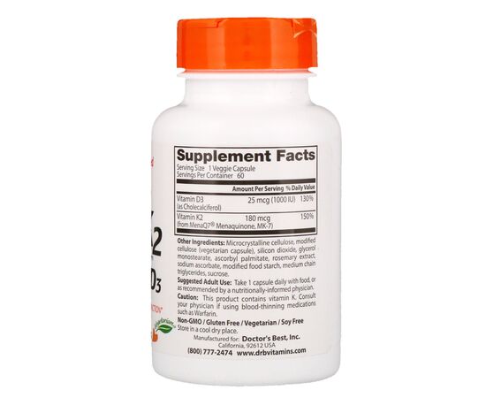 Doctor’s Best, Vitamin K2 MK-7 (MenaQ7), plus vitamin D3, 180 mcg, 60 rostlinných kapslí, složení