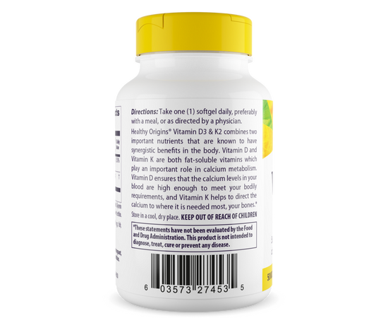 Healthy Origins Vitamin D3 a K2, 2000 IU / 200 mcg, 60 Softgel kapslí, složení