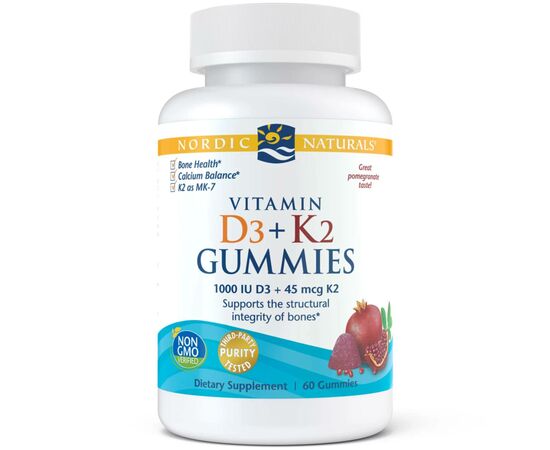 Nordic Naturals, Vitamin D3 + K2 Gummies, příchuť Granátové jablko, 60 gumových bonbonů