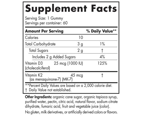 Nordic Naturals, Vitamin D3 + K2 Gummies, příchuť Granátové jablko, 60 gumových bonbonů, složení