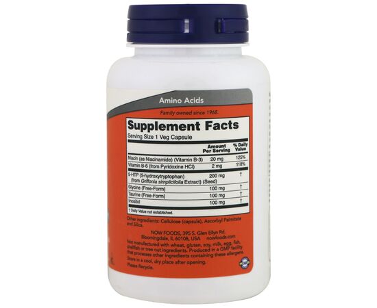 Now Foods 5-HTP 200 mg + Glycin, Taurin, Inositol, 120 rostlinných kapslí, složení