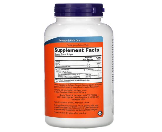 Now Foods, DHA 500 mg/ EPA 250 mg , 180 softgel kapslí, složení