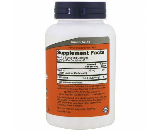 Now Foods L-Citrulin 750 mg, 90 rostlinných kapslí, složení