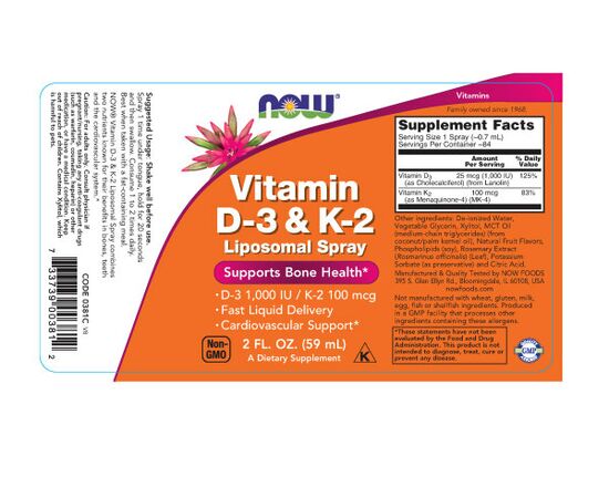 Now Foods Vitamin D3 & K2 MK-4, Liposomální sprej, 59 ml, složení