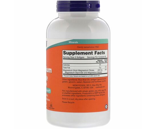 Now Foods Magnesium Citrate (glycinát, citrát, malát), 90 softgel kapslí, složení