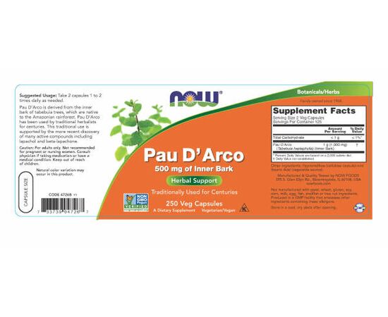 Now Foods Pau D´Arco (lapacho) 500 mg, 250 veganských kapslí