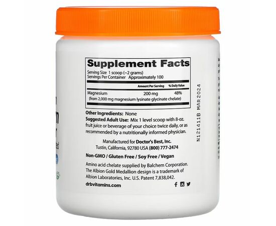 Doctor’s Best, High Absorption Magnesium Powder, Chelated, 200 g, čistý prášek, slozeni