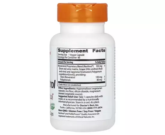 Doctor's Best, Trans-Resveratrol 100 s Resvinolem, 60 rostlinných kapslí, složení
