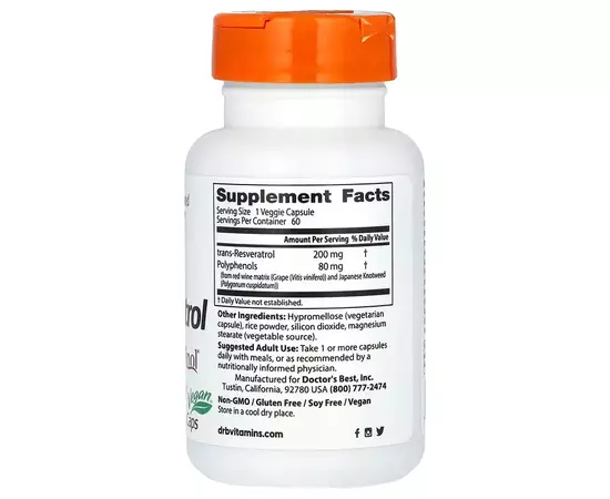 Doctor's Best, Trans-Resveratrol 200 s Resvinolem, 60 vegetariánských kapslí, složení