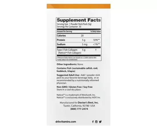 Doctor's Best, Fish Collagen with Naticol, 30 balíčků x 5 g, 150 g, složení