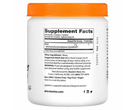 Doctor's Best, MSM prášek s OptiMSM, 250 g, složení