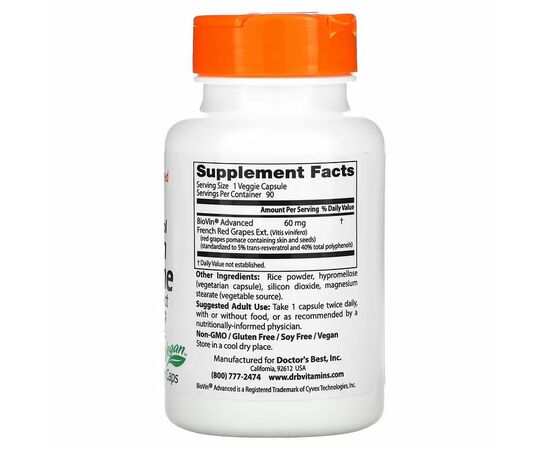 Doctor's Best, Resveratrol extrakt z hroznů červeného vína, 60 mg, 90 rostlinných kapslí, složení
