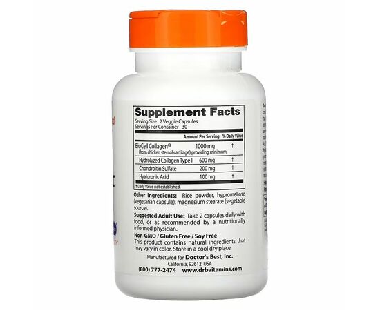 Doctor's Best, Kyselina Hyaluronová + Chondroitin sulfát s kolagenem BioCell, 180 rostlinných kapslí, složení