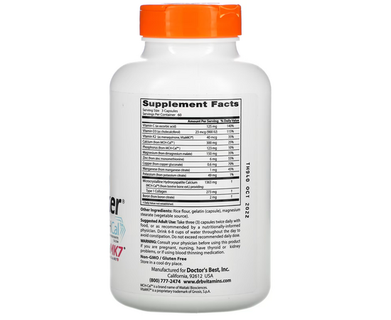 Doctor’s Best, Calcium Complex Bone Maker with MCHCal and VitaMK7, 180 kapslí, slozeni