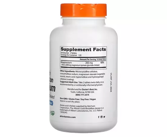 Doctor’s Best, High Absorption Magnesium chelate, 240 tablet_slozeni