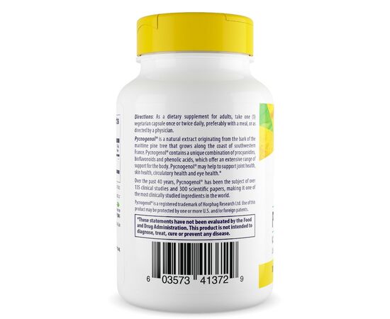Healthy Origins Pycnogenol 100 mg, 60 rostlinných kapslí, zadní strana