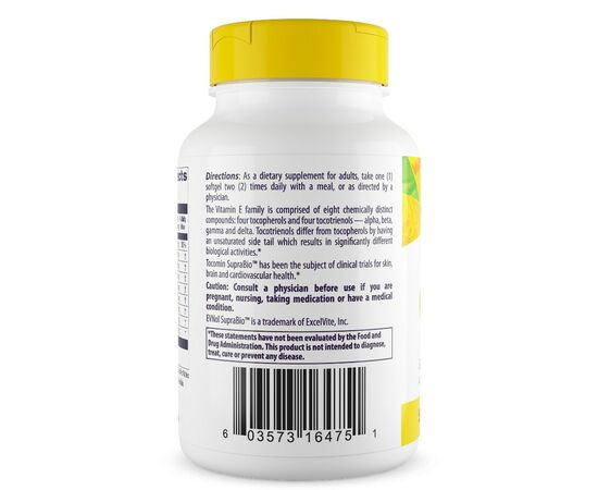 Healthy Origins Tocomin SupraBio (Vitamin E komplex), 50mg, 60 softgel kapslí, zadní strana