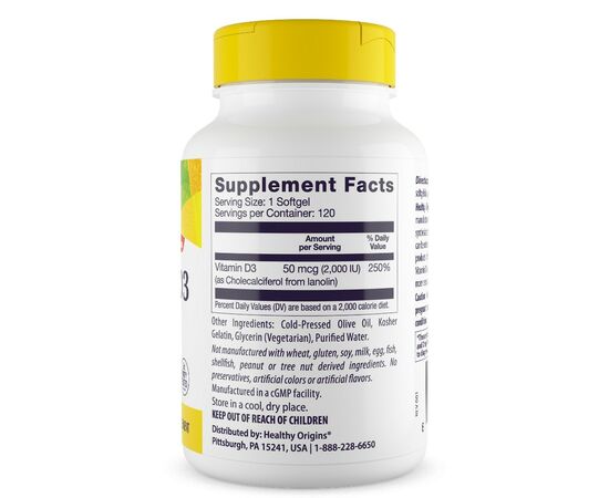 Healthy Origins Vitamin D3 2000 IU, 120 softgel kapslí, složení