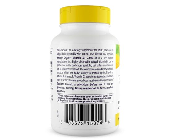 Healthy Origins Vitamin D3 2000 IU, 120 softgel kapslí, zadní strana
