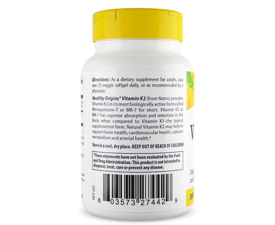 Healthy Origins, Vitamin K2 MK-7 100 mcg, 60 softgel kapslí, zadní strana