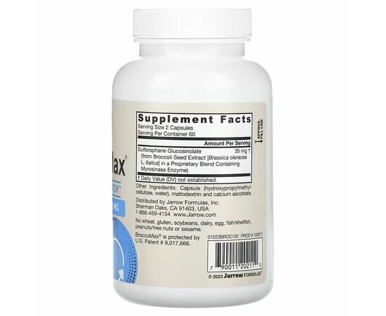 Jarrow Formulas, BroccoMax, Myrosinase Activated SGS, 120 rostlinných kapslí s postupným uvolňováním, složení
