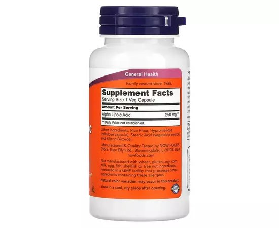 NOW Foods, Alpha Lipoic Acid (kyselina alfa-lipoová), 250 mg, 60 rostlinných kapslí, složení