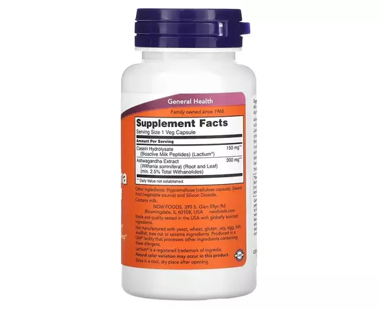 NOW Foods, Ashwagandha Stress Relief, 60 rostlinných kapslí, složení