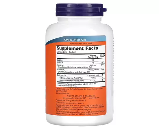 NOW Foods, Cod Liver Oil (olej z tresčích jater), Extra Strength, 1,000 mg, 180 softgel kapslí, složení