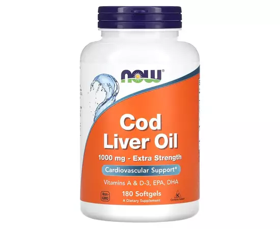 NOW Foods, Cod Liver Oil (olej z tresčích jater), Extra Strength, 1,000 mg, 180 softgel kapslí