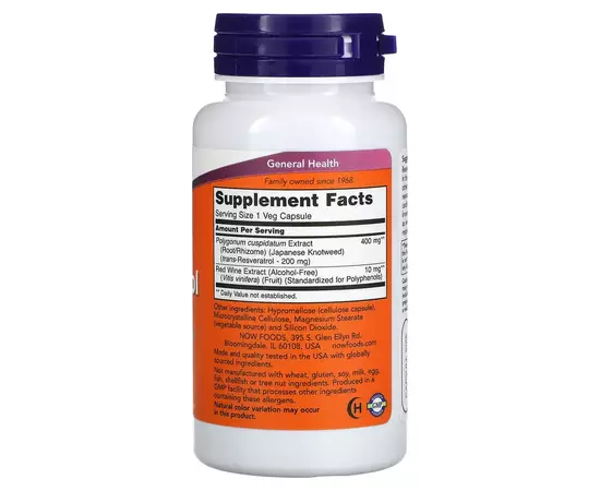 NOW Foods, Resveratrol 200 mg 60 rostlinných kapslí, složení