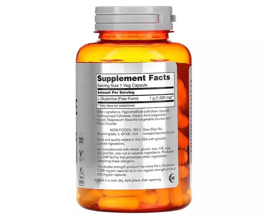 NOW Sport, L-Glutamine, Double Strength, 1 000 mg, 120 rostlinných kapslí, složení