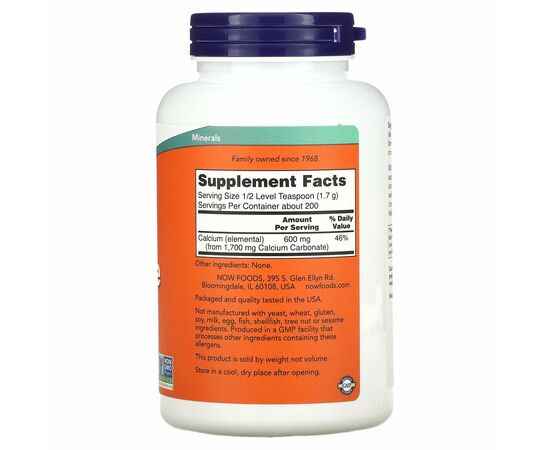 NOW Foods, Calcium Carbonate, čistý prášek, 340 g, složení