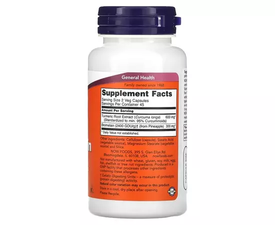 NOW Foods, Turmeric & Bromelain (Kurkuma a Bromelain), 90 rostlinných kapslí, složení