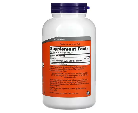 NOW Foods, L-lysin, 500 mg, 250 rostlinných kapslí, složení