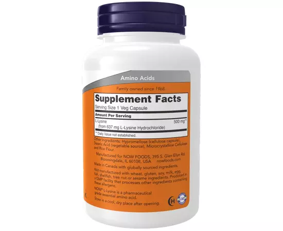 NOW Foods, L-lysin, 500 mg, 100 rostlinných kapslí, složení