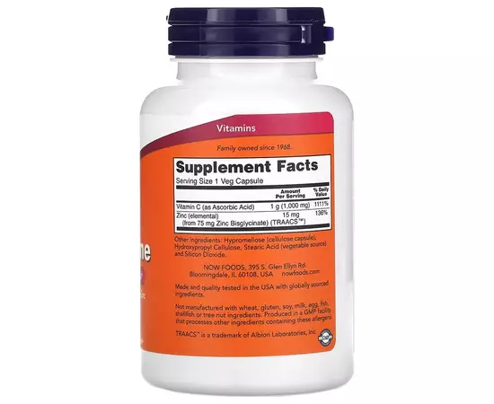 NOW Foods, Vitamín C 1000 mg a zinek 15 mg, 90 rostlinných kapslí, slozeni