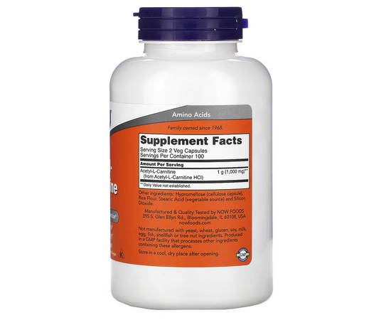 NOW Foods, Acetyl L-Carnitin, 500 mg, 200 rostlinných kapslí, složení